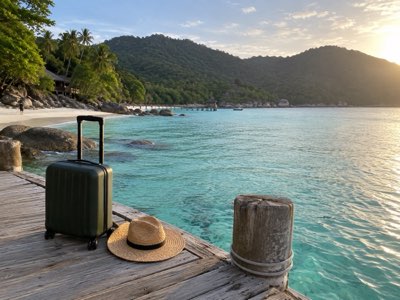 A green suitcase and a straw hat on a wooden jetty by clear turquoise water and jungle hills